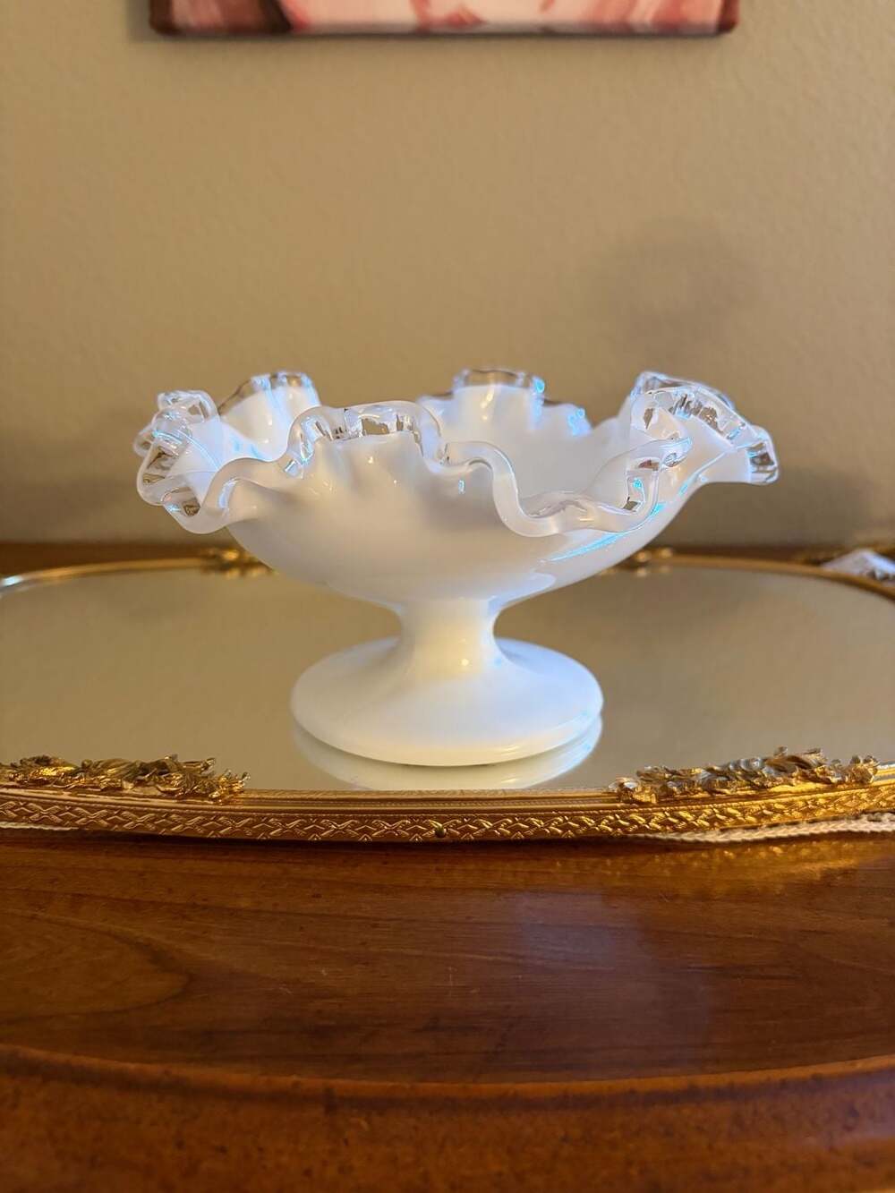 Vintage Fenton Silvercrest Ruffle Pedestal Candy Dish Milk Glass